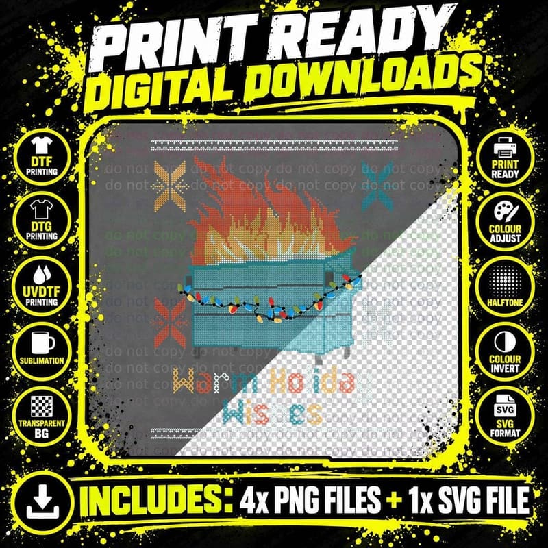 Ugly Christmas Sweater Design Dumpster Fire - Warm Png SVG Digital Bundle