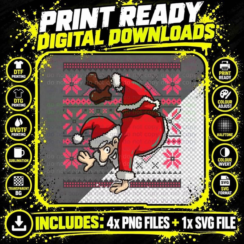 Ugly Christmas Sweater T-Shirt Handstand Santa Claus Png SVG Digital Bundle