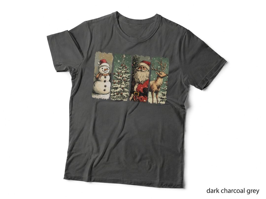 Vintage Christmas with Snowman, Christmas Tree, Santa Claus, Reindeer T-Shirt