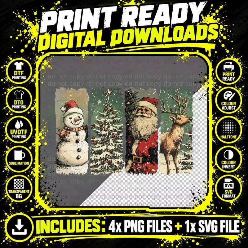 Vintage Christmas with Snowman, Christmas Tree Png SVG Digital Bundle