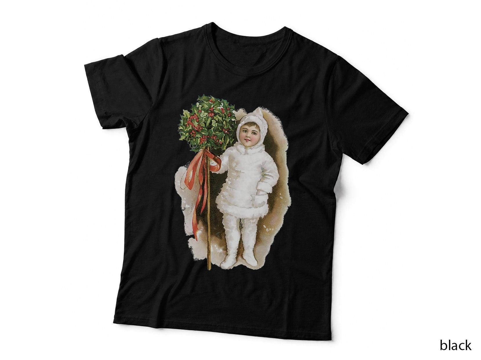 Vintage Victorian Girl with Christmas Holly Crewneck Sweatshirt T-Shirt