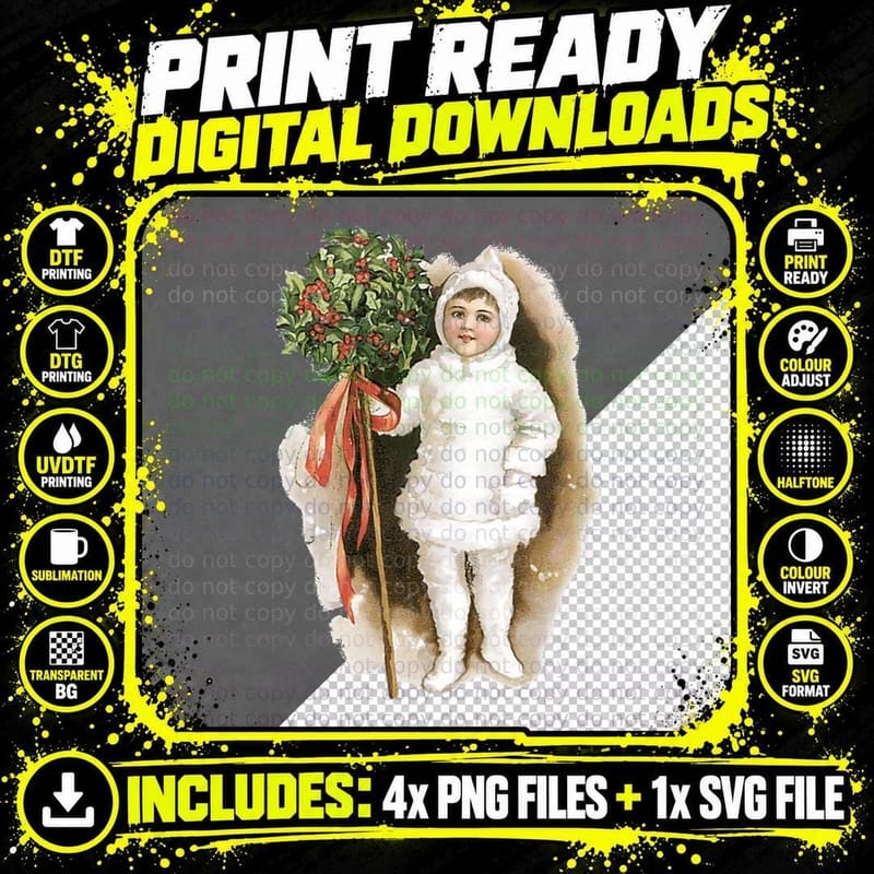 Vintage Victorian Girl with Christmas Holly Crewneck Png SVG Digital Bundle