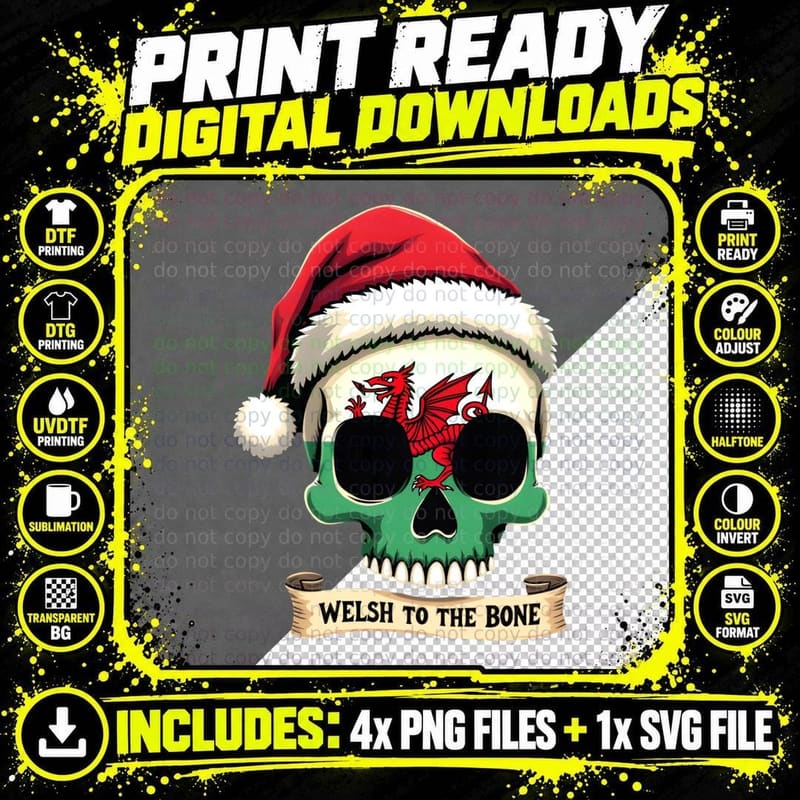 Welsh to the Bone Santa Skull Wales Dragon Christmas Png SVG Digital Bundle