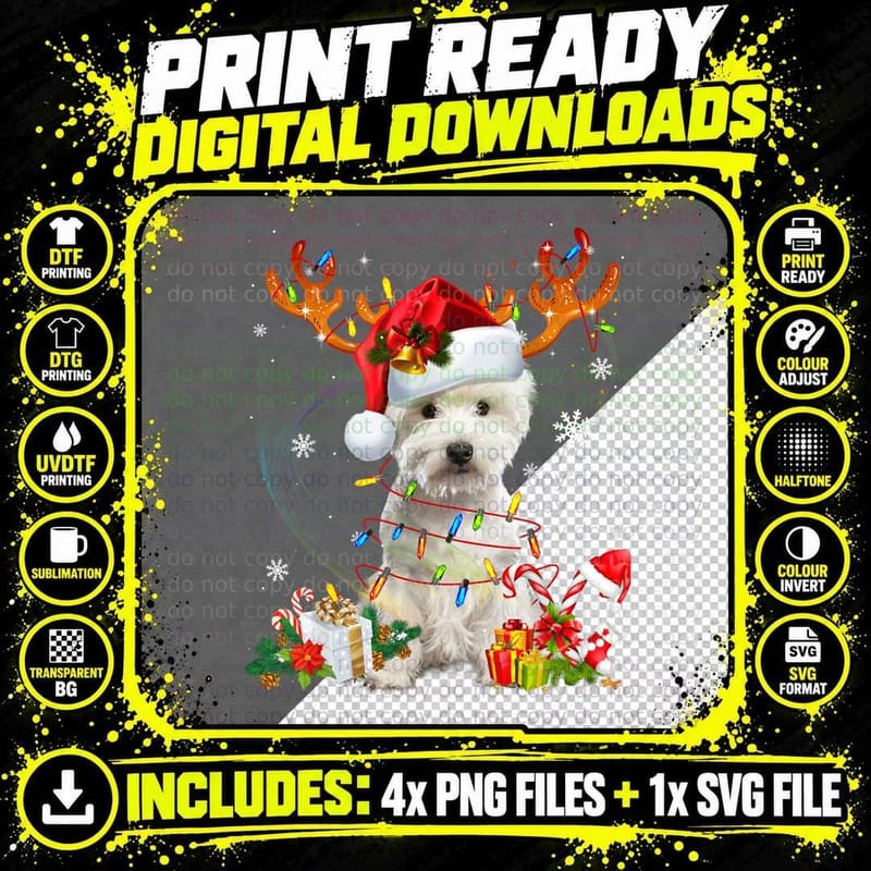 Westie Reindeer Christmas Lights Funny Dog Xmas Png SVG Digital Bundle