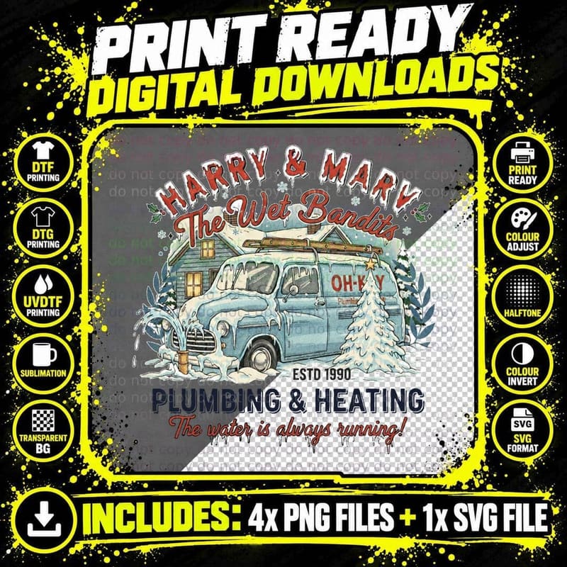 Wet Bandits Plumbing Heating Christmas Movie Van T-Shirt Png SVG Digital Bundle