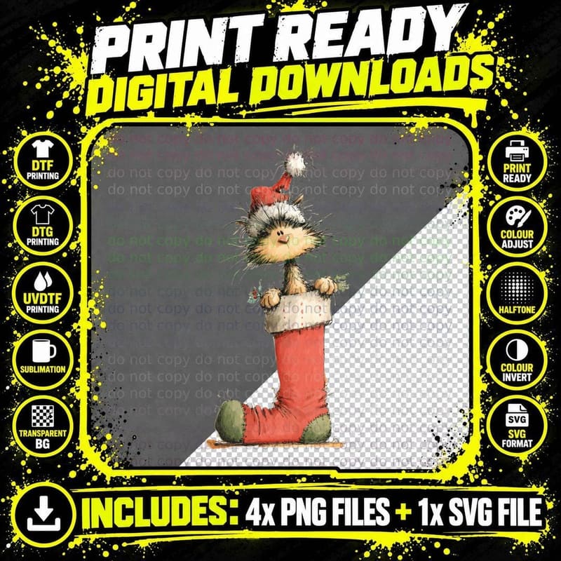 Whimsical Cat in Stocking with Santa Hat and Holly Png SVG Digital Bundle
