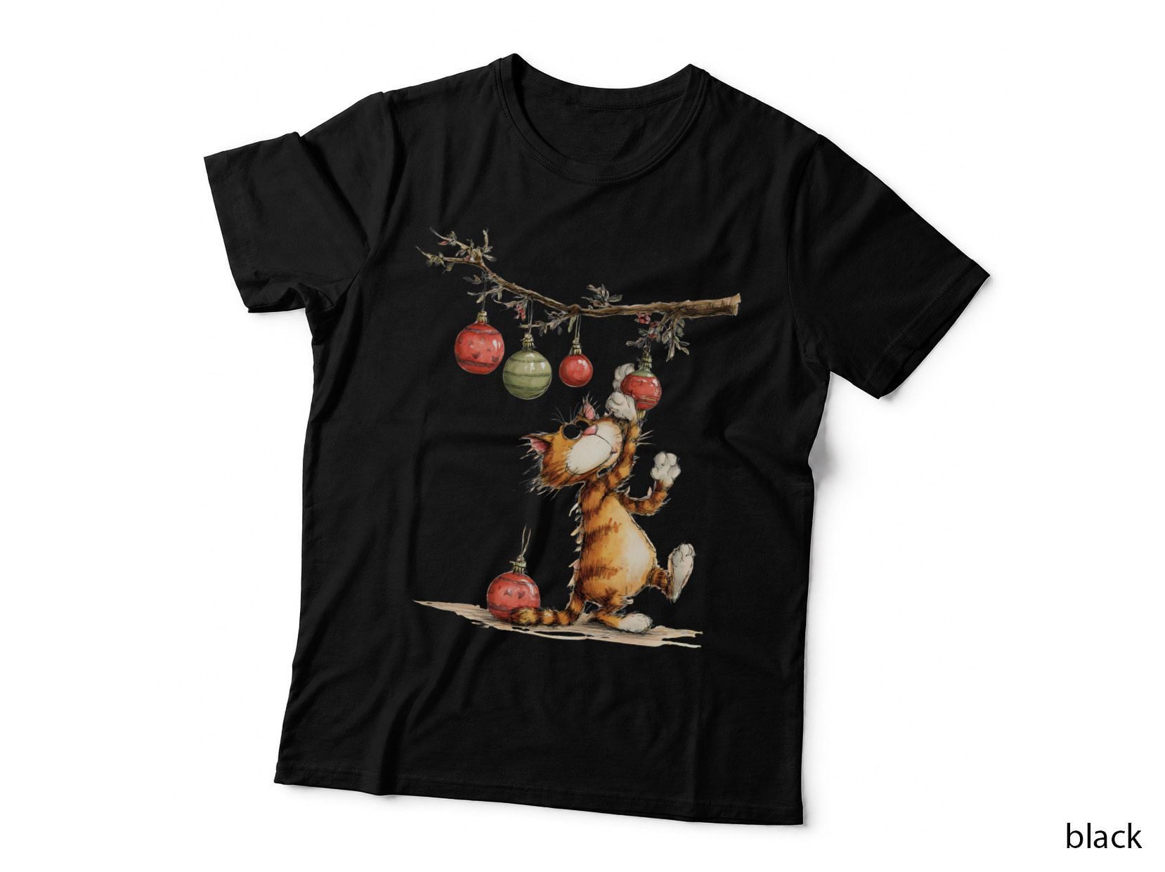 Whimsical Christmas Cat with Red and Green Baubles Under Branch T-Shirt