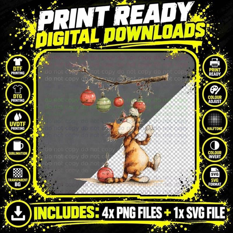 Whimsical Christmas Cat with Red and Green Baubles Under Png SVG Digital Bundle