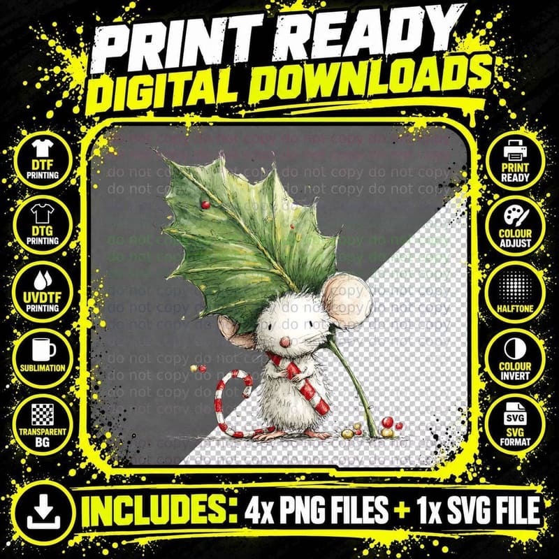 Whimsical Mouse Holding Candy Cane Under Holly Leaf Png SVG Digital Bundle