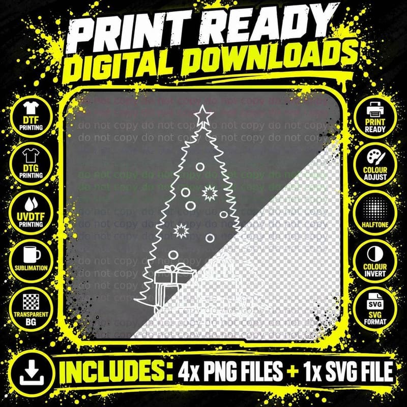 White Line Drawing Christmas Tree and Gift Boxes Png SVG Digital Bundle