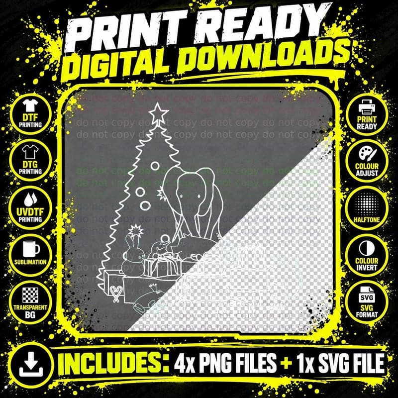 White Line Drawing Merry Christmas from Cute Animals Png SVG Digital Bundle