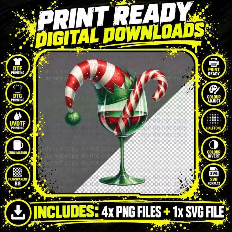 Wine Glass with Elf Hat and Candy Cane Christmas Drink Png SVG Digital Bundle
