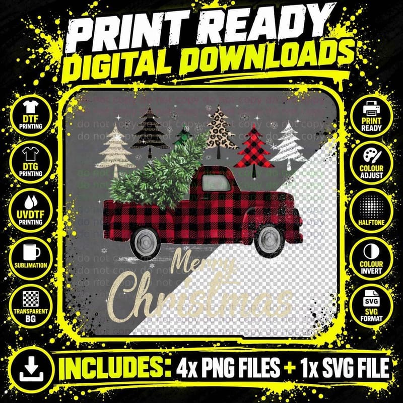 Xmas Trees Red Truck Buffalo Plaid Pullover Hoodie Png SVG Digital Bundle