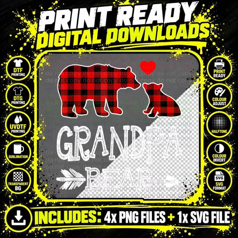 Red Plaid Grandpa Bear Christmas Pajama Matching Family Png SVG Digital Bundle