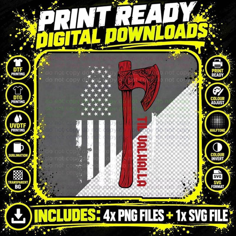 American Viking Axe Flag - Til Valhalla - Norse Png SVG Digital Bundle