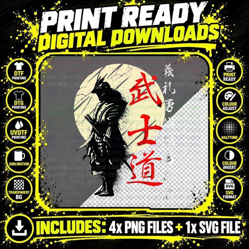 Bushido Code Samurai Japanese Warrior Kanji T-Shirt Png SVG Digital Bundle