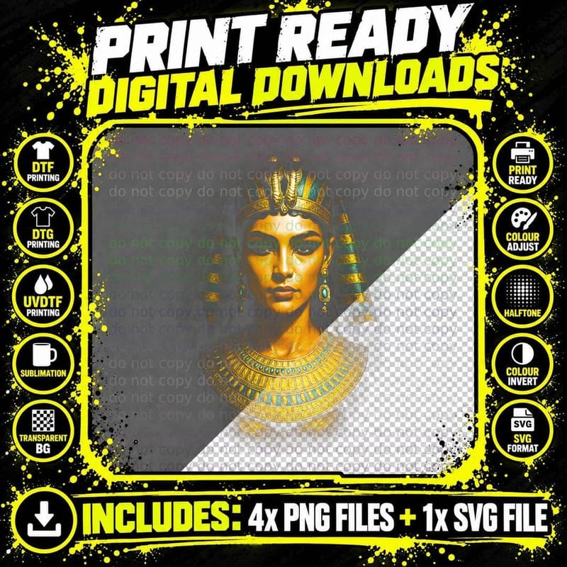 Egyptian Queen T-Shirt, Halftone Pharaoh Portrait Png SVG Digital Bundle