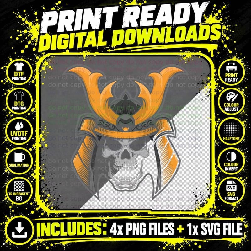 Golden Samurai Skull Helmet Gold Warrior T-Shirt Png SVG Digital Bundle