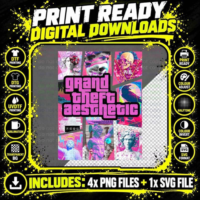 Grand Theft Aesthetic Vaporwave Medusa & Greatest Hits Png SVG Digital Bundle