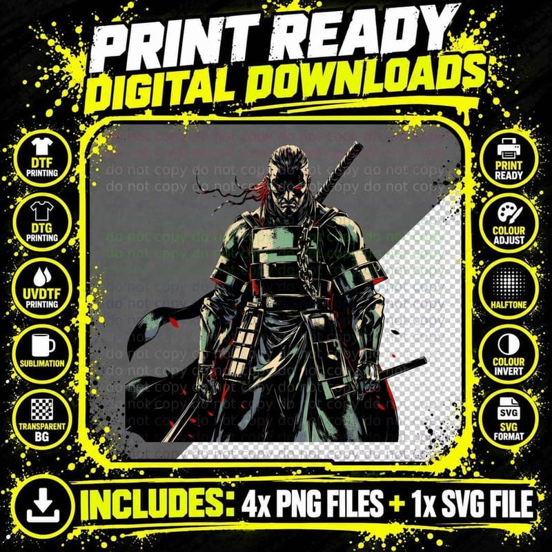 Heavily Armored Samurai Red Eyes Two Swords Stern Png SVG Digital Bundle