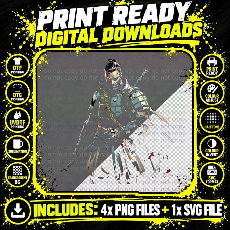 Heavily Armored Samurai Stern Expression Katana Sword Png SVG Digital Bundle