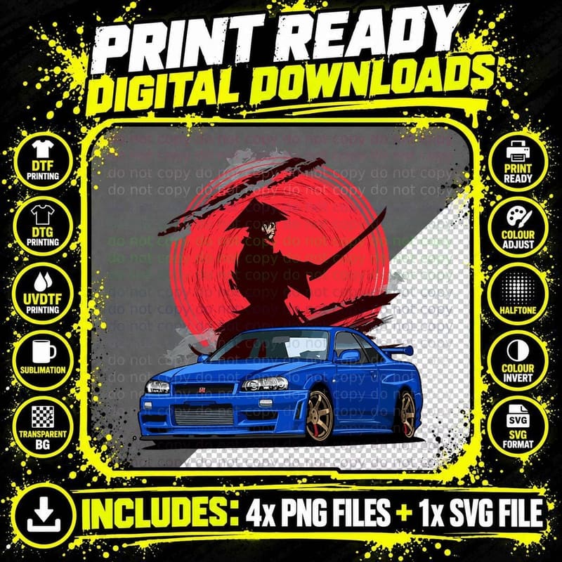 JDM Skyline R34 Car Tuning Japan Samurai Drift T-Shirt Png SVG Digital Bundle