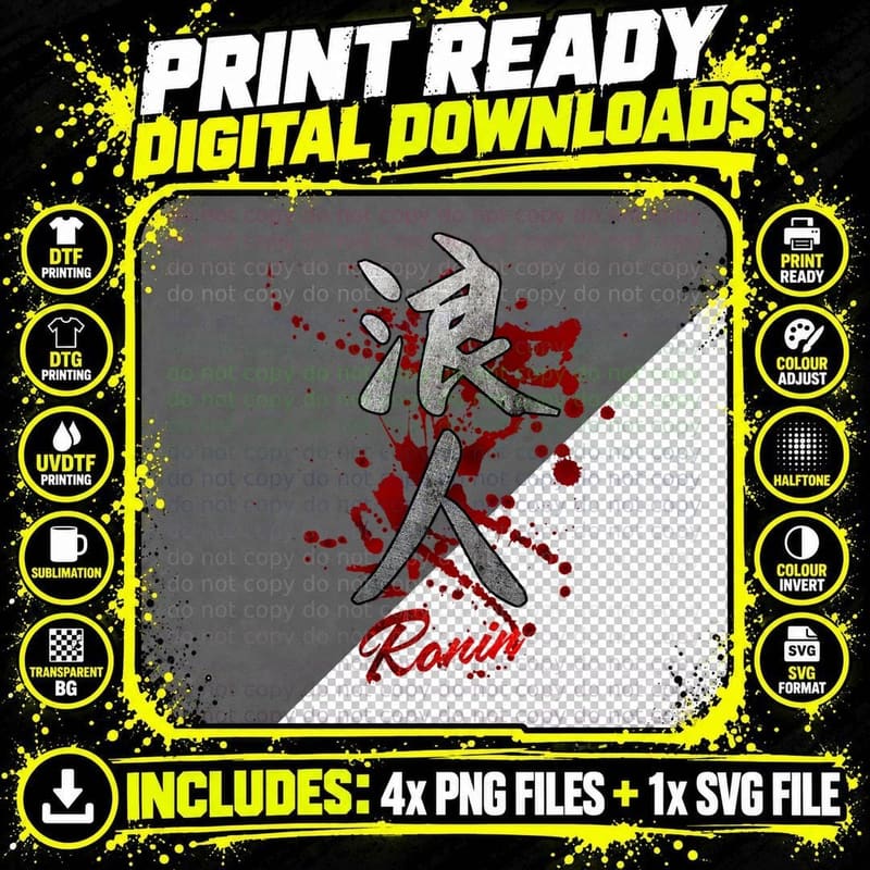 Japanese Kanji Ronin, Samurai Art for Men Png SVG Digital Bundle
