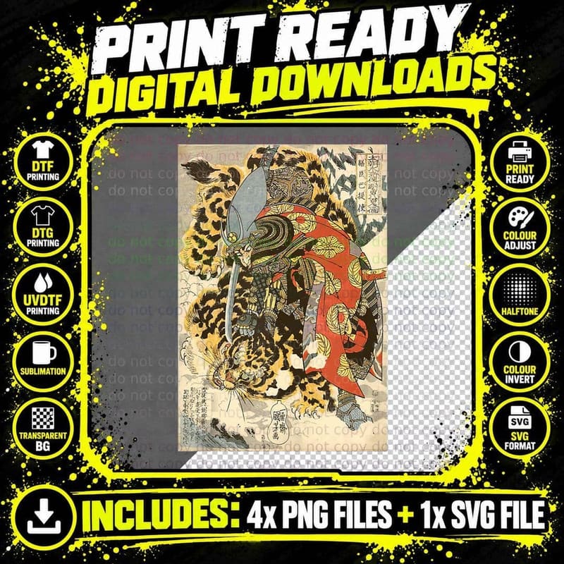 Japanese Samurai General Fighting Tiger Artwork T-Shirt Png SVG Digital Bundle