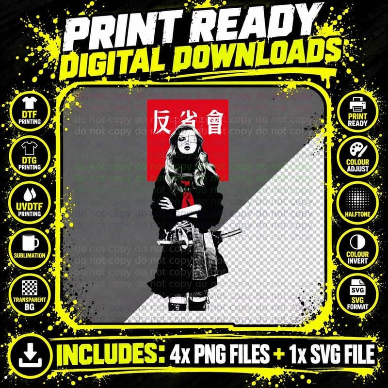 Japanese Samurai Girl Urban Cyberpunk Style T-Shirt Png SVG Digital Bundle