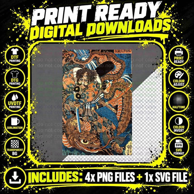 Japanese Samurai Ninja Against Snake Serpent Water Png SVG Digital Bundle