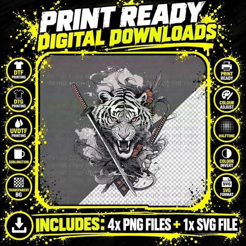 Japanese Samurai Ronin Sword Katana Japan Tiger Tattoo Png SVG Digital Bundle