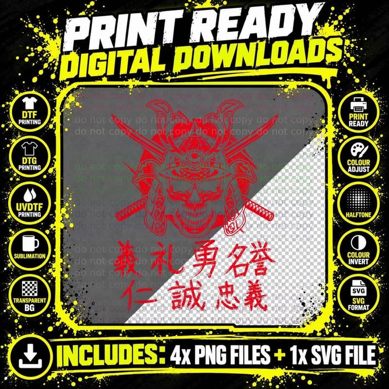 Japanese Samurai Warrior Skull with Helmet Bushido Code Png SVG Digital Bundle