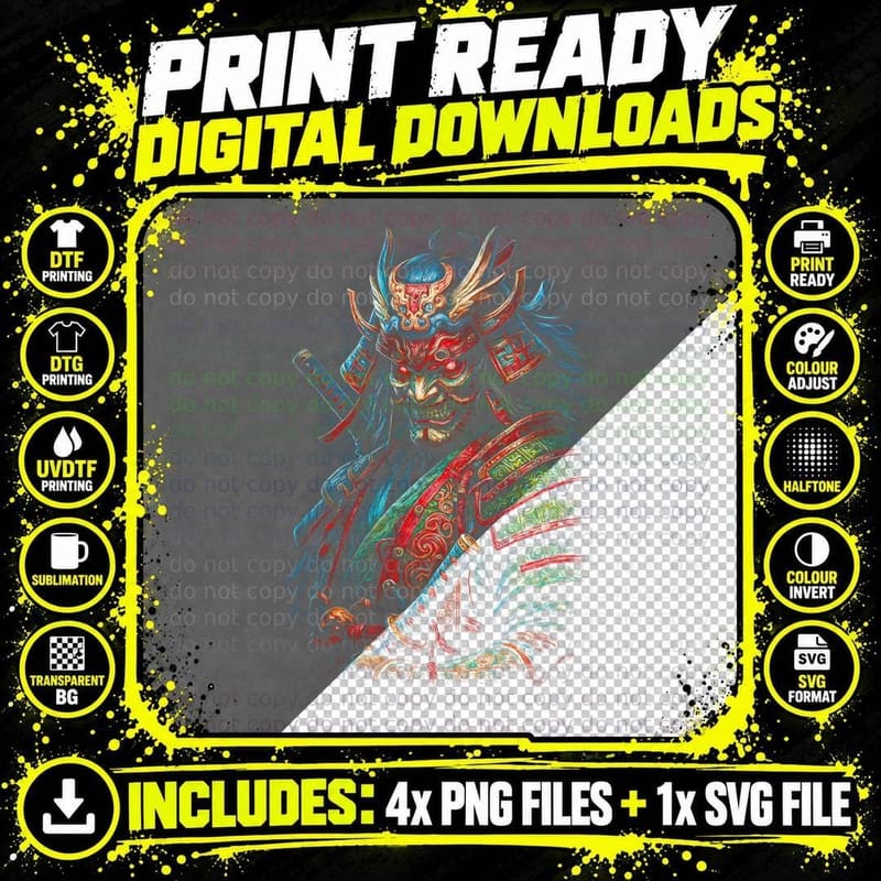 Masked Samurai T-Shirt, Halftone Japanese Demon Armor Png SVG Digital Bundle