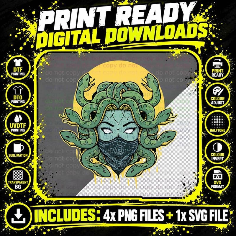 Medusa Abstract Snakes Greek Mythology Gangster T-Shirt Png SVG Digital Bundle