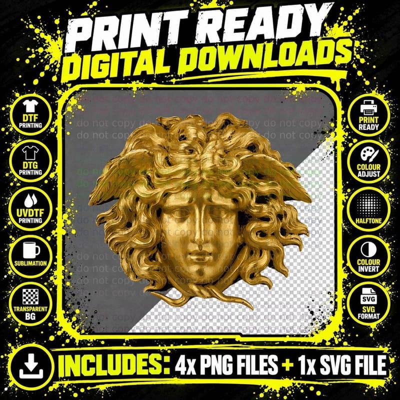 Medusa Head Snake Hair Greek Myth T-Shirt Png SVG Digital Bundle