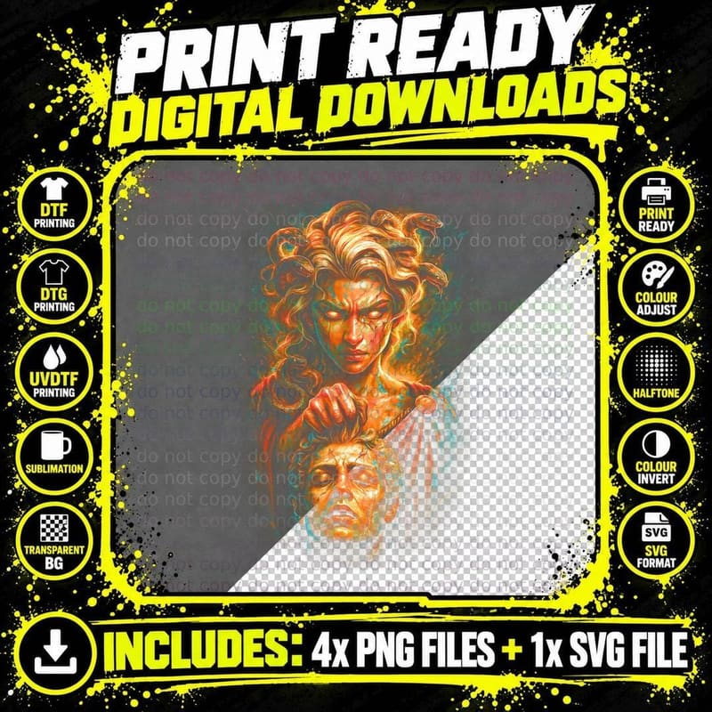 Medusa Head T-Shirt, Halftone Greek Serpent Gorgon Png SVG Digital Bundle
