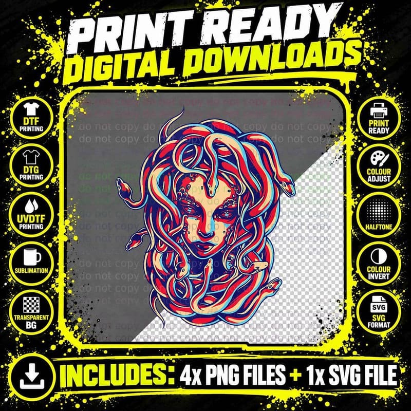 Medusa Snake Hair T-Shirt, Greek Mythology Art Png SVG Digital Bundle