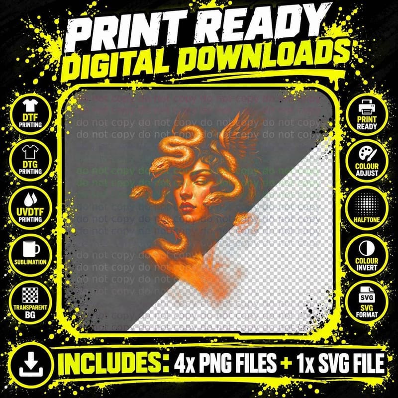 Medusa T-Shirt, Halftone Greek Serpent Gorgon Graphic Tee Png SVG Digital Bundle