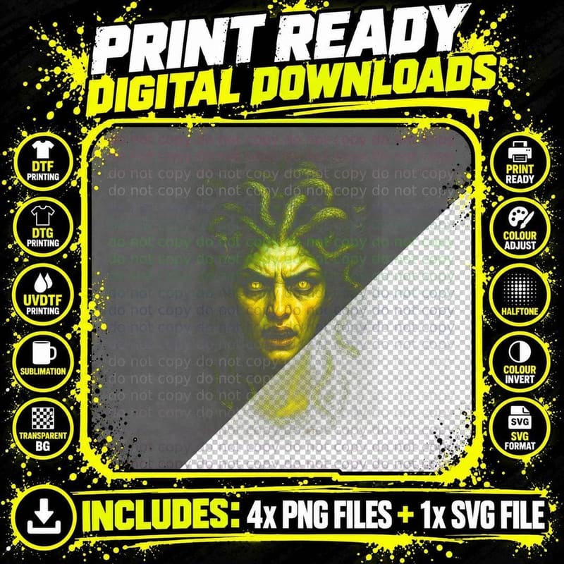 Medusa T-Shirt, Halftone Greek Serpent Portrait Graphic Png SVG Digital Bundle