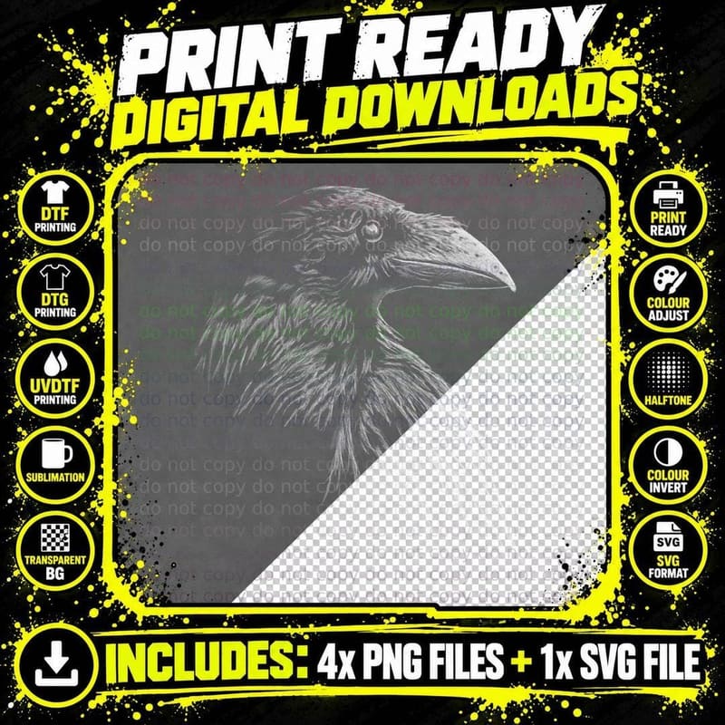 Mystical Black Raven Illustration Goth Viking Crow Png SVG Digital Bundle