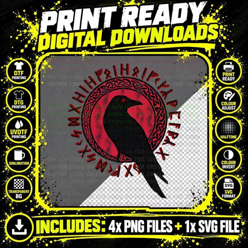 Odin Raven Huginn & Muninn Vegvisir Tee Vikings Myth Png SVG Digital Bundle