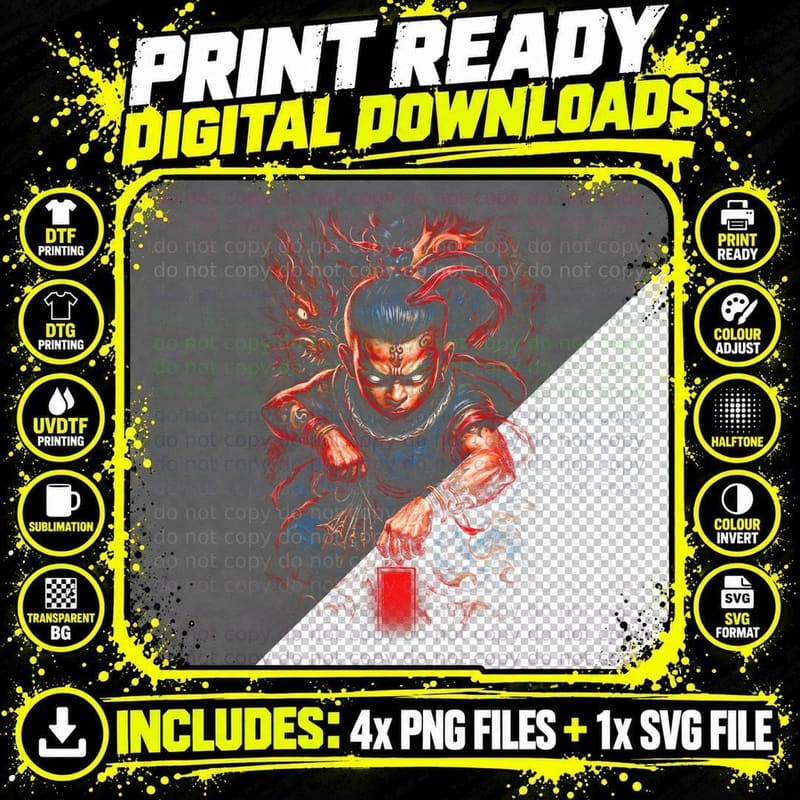 Oni Armor Warrior T-Shirt, Halftone Japanese Samurai Png SVG Digital Bundle