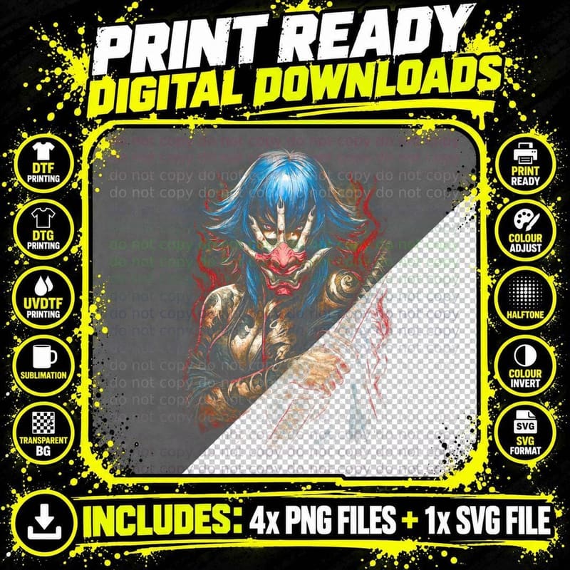 Oni Mask Warrior T-Shirt, Halftone Japanese Samurai Png SVG Digital Bundle