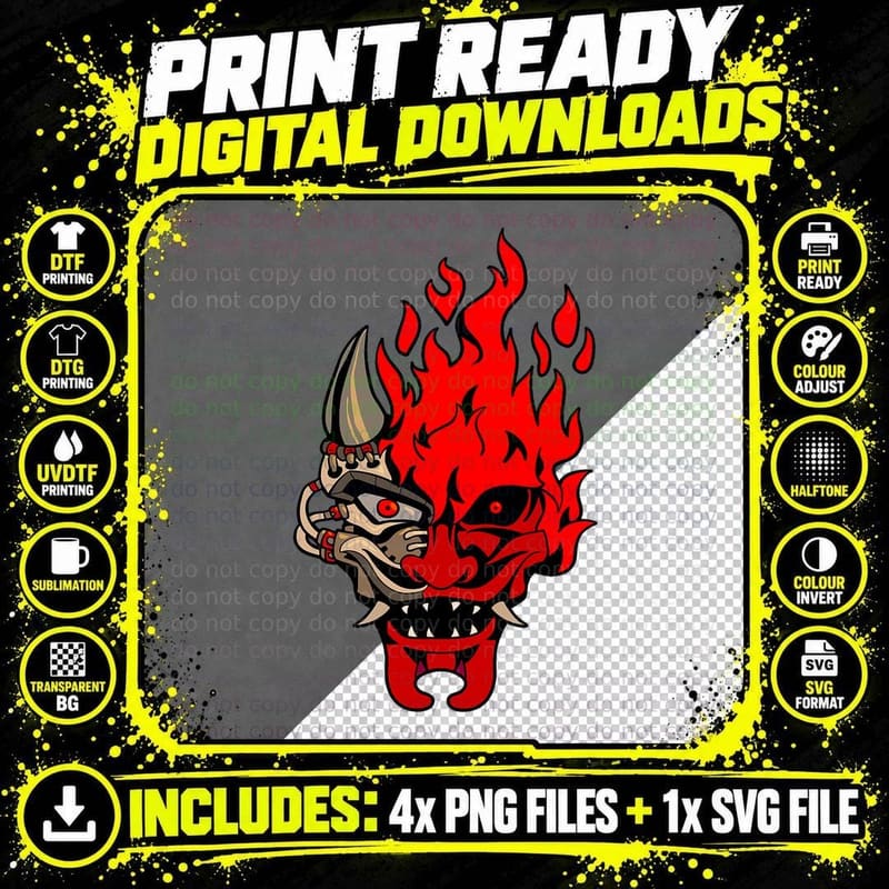Onicyborg Cyberpunk Oni Samurai Evil Maskman Cool Png SVG Digital Bundle