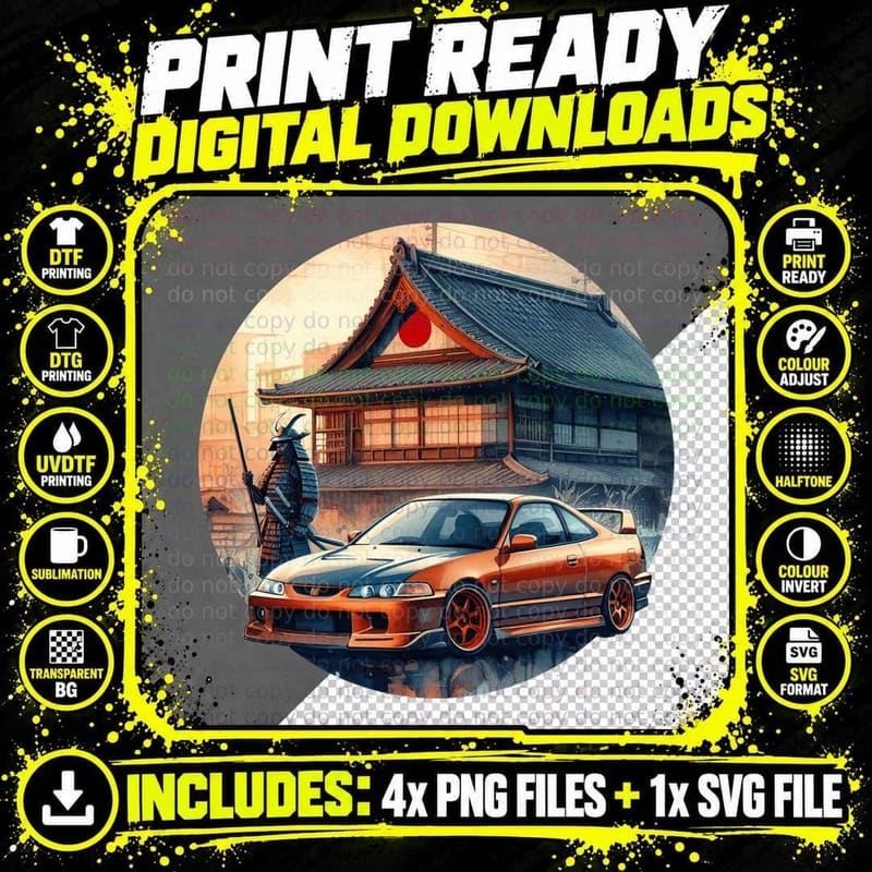 Orange Sports Car Samurai Japanese Temple Warrior Png SVG Digital Bundle