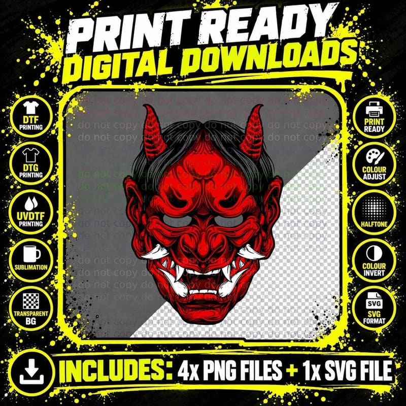 Red Japanese Demon Oni Mask Samurai Hannya Devil Japan Png SVG Digital Bundle