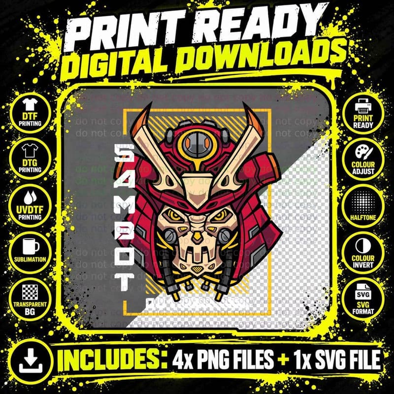 Sambot 001 Samurai Robot Mask Horns Gold Japanese T-Shirt Png SVG Digital Bundle