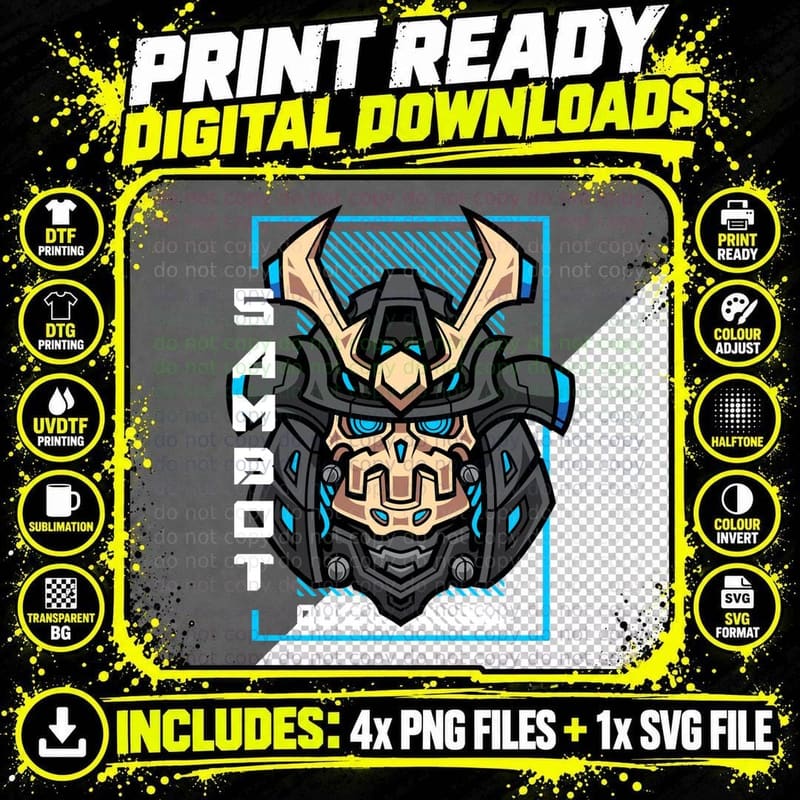 Sambot 002 Samurai Robot Mask Horns Blue Japanese T-Shirt Png SVG Digital Bundle