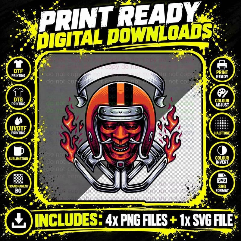 Samurai Demon Head Red Face with Helmet and Headphones Png SVG Digital Bundle