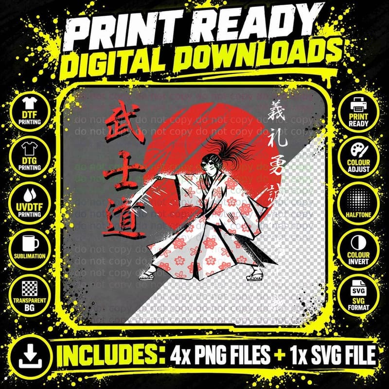 Samurai Girl Warrior Woman Bushido Code Japan T-Shirt Png SVG Digital Bundle